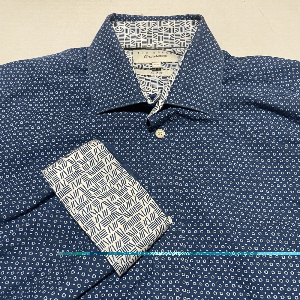 Ted Baker Endurance 14.5 Slim Fit Blue Geometric Print Dress Shirt Men's